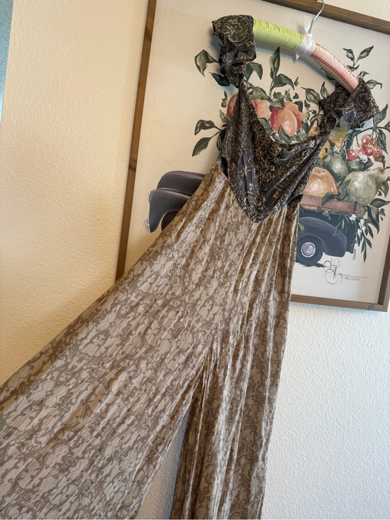 Free People Pants - Brown Patterned Jumpsuit Pants with Boho Vibe and Side Cut Outs